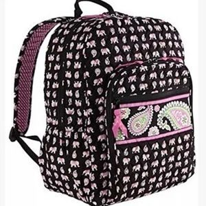 Vera Bradley Quilted Pink Elephants Black campus backpack Retired RARE, XL